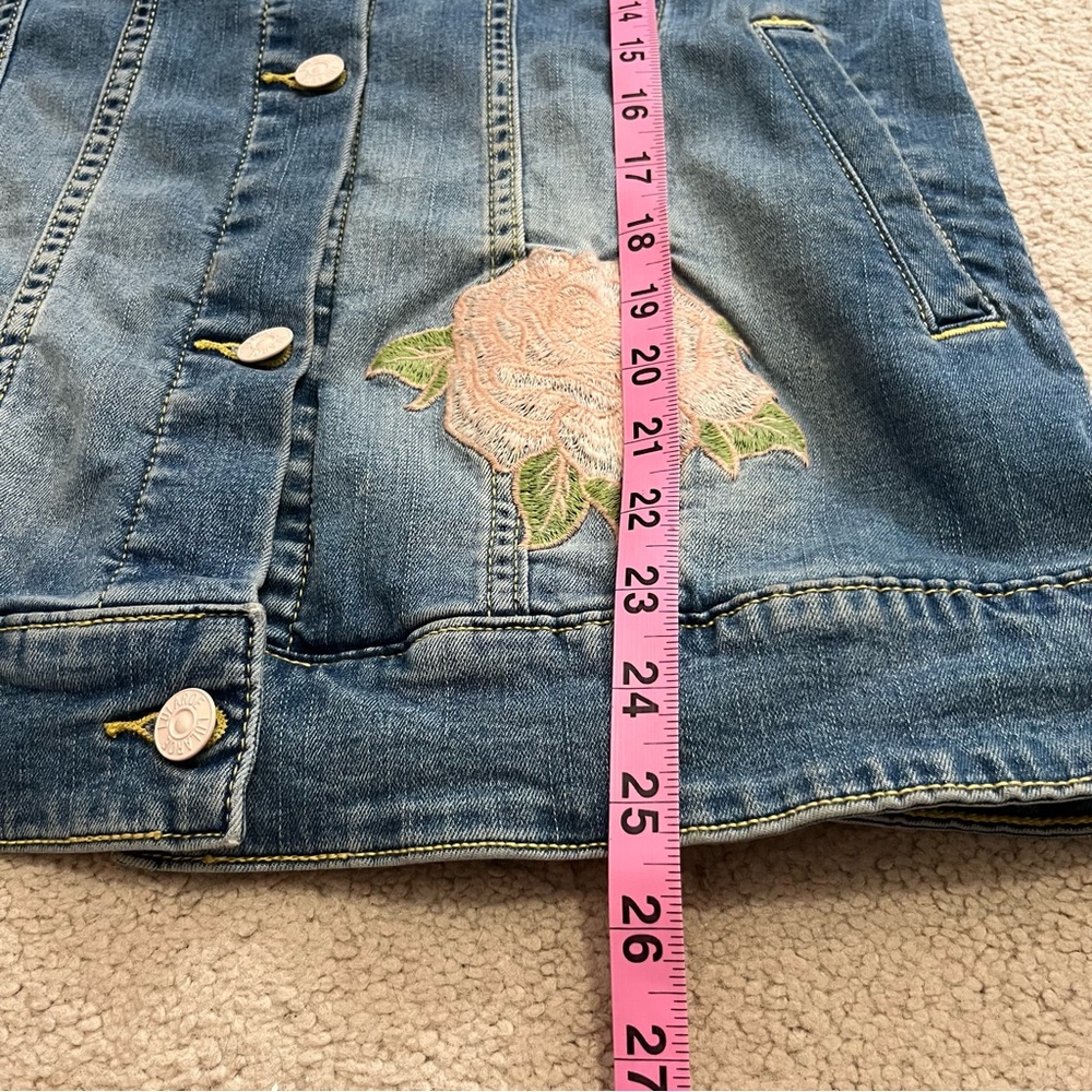 Lularoe Denim Jacket Womens Small Pink Roses Floral Longline Stretch Trucker - Picture 10 of 10